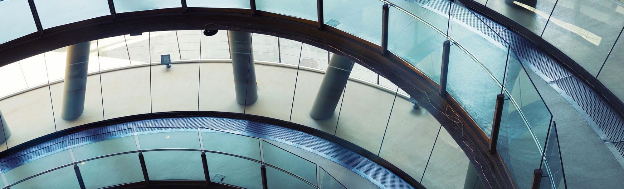 close-up of an office building atrium walkway